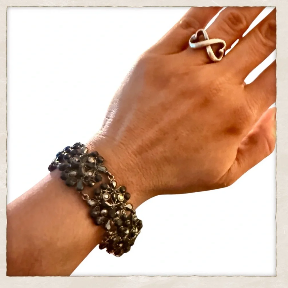 Vintage 1990’s does 1950’s‎ Glam Black Rhinestone Beaded Bracelet, Mid Century